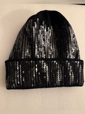 Vince Camuto Women's Black Sequin Knit Beanie Hat One Size Glam